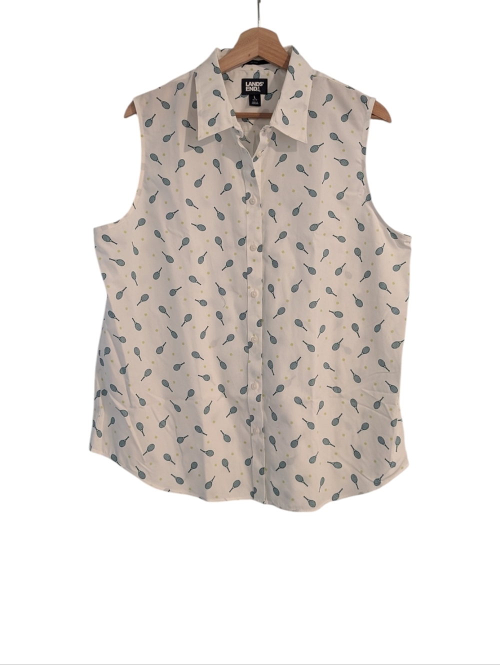 Lands End Tennis Print Sleeveless Button Up Shirt